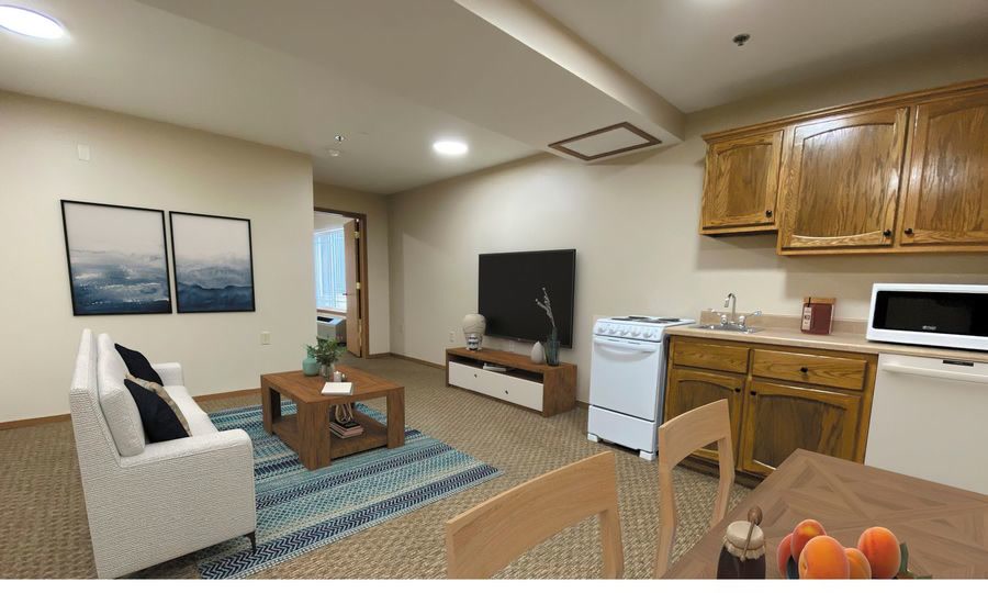 Actual private assisted living apartment interior at Meadows on Sycamore in Sioux Falls