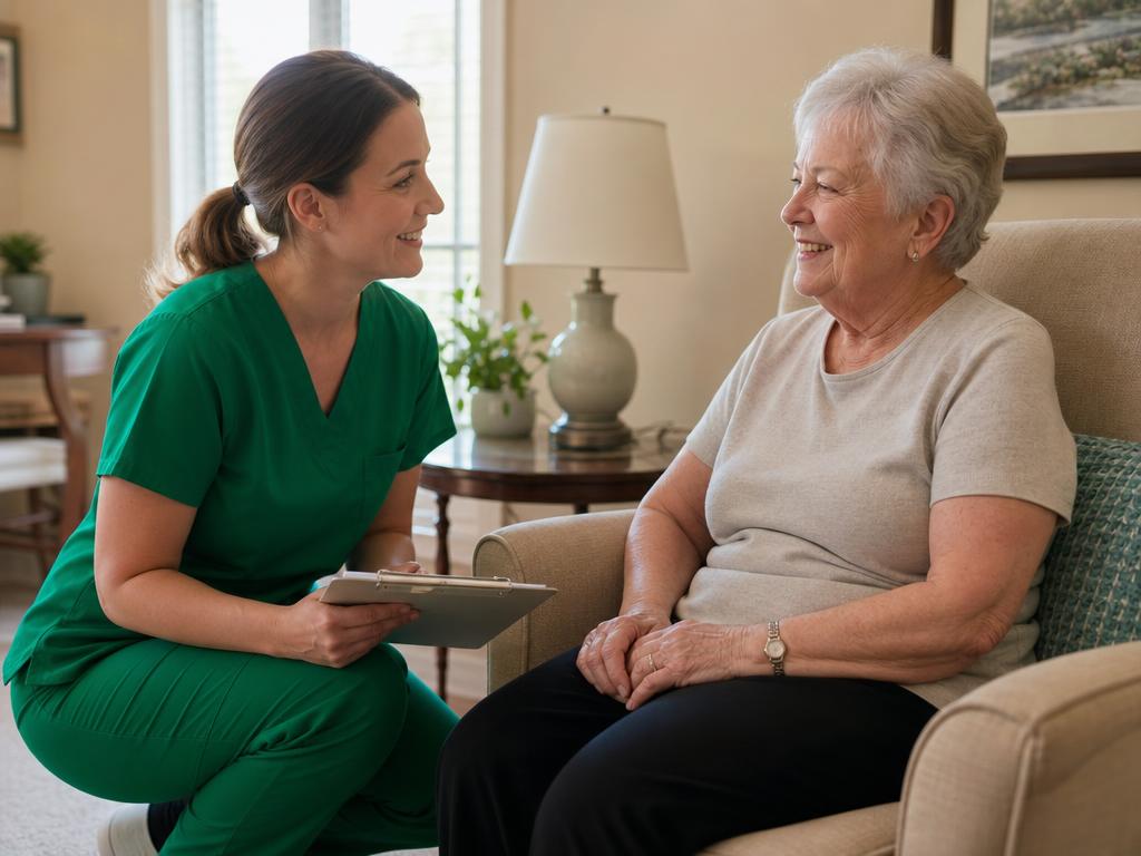 Certified nurse completing a health assessment with a senior resident in Sioux Falls