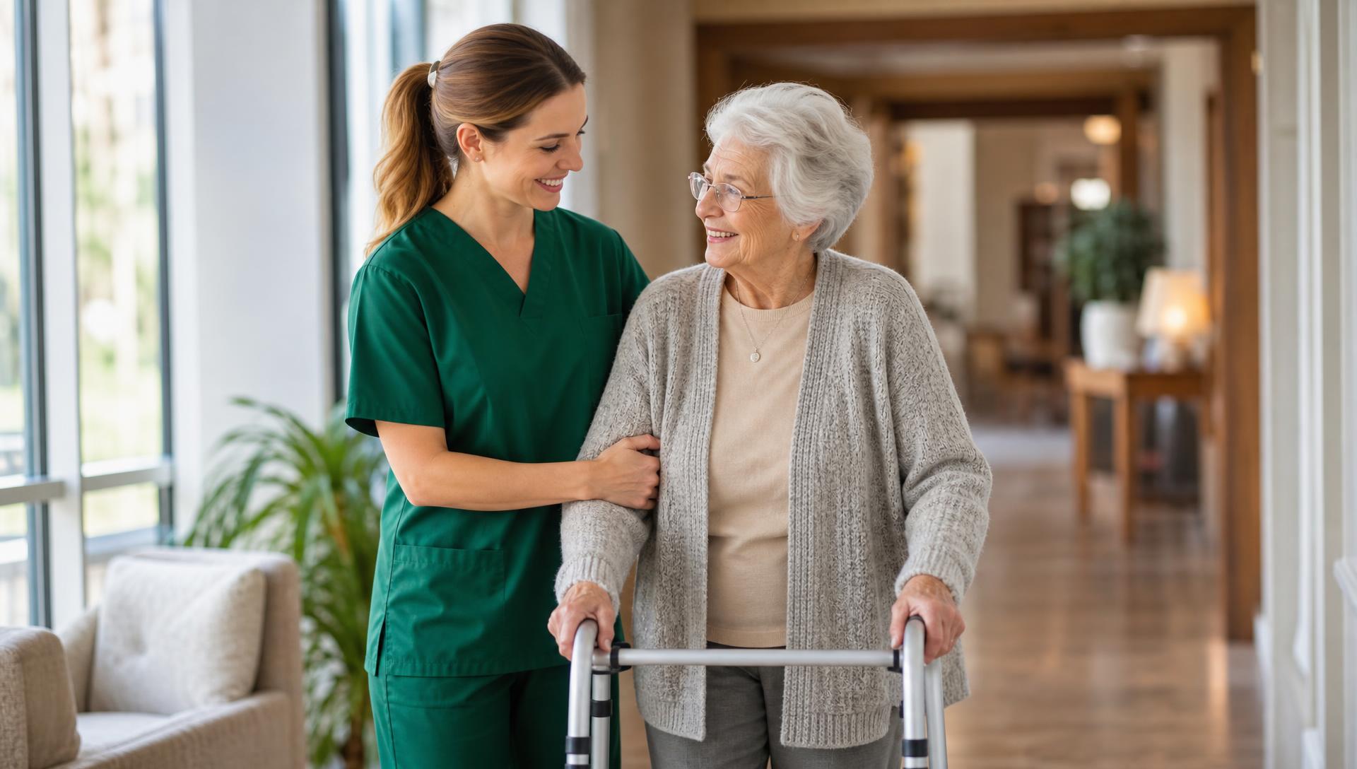 Caregiver in green scrubs helping a senior resident at Meadows on Sycamore assisted living in Sioux Falls