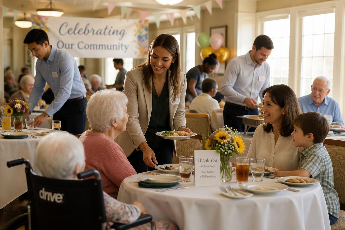 Volunteers serving food to residents and families at a Sioux Falls senior living event